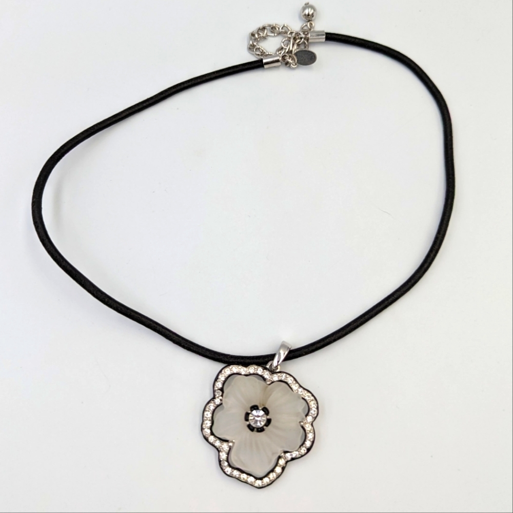 Kenneth Jay Lane Black & White Frosted Flower Rhinestone Necklace